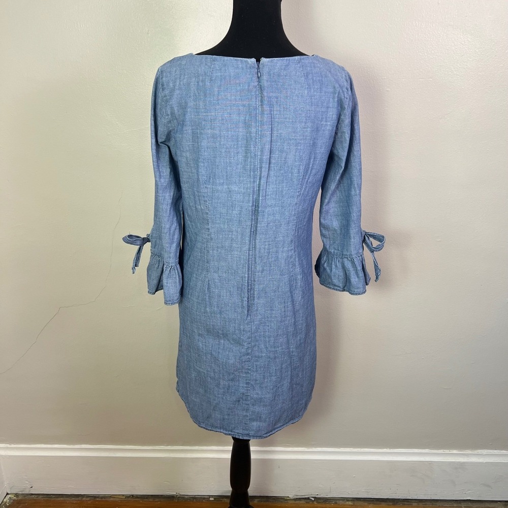 J. Crew Chambray V Neck Tie Sleeve Shift Dress Blue Size 6 - Picture 5 of 8